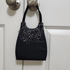 Vintage Black Satin Beaded Evening /  Holiday Party Handbag